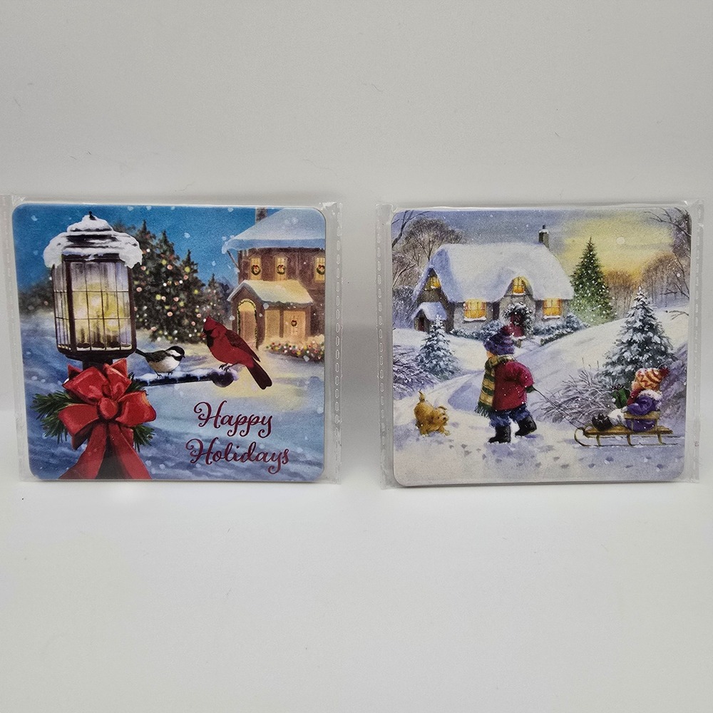 Happy Holidays Winter Scene Coasters Set of 2 Cardinal Sledding Cork Backed NCCS